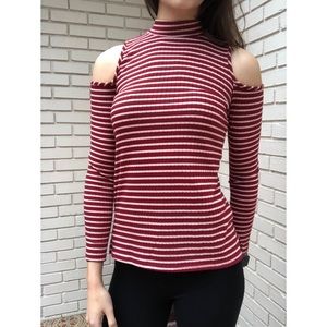Red and White Stripe Long Sleeve Cold Shoulder Top